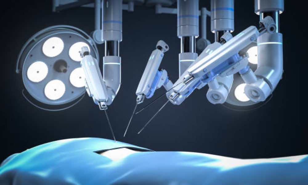 3d rendering robotic assisted surgery with dummy patient in operating room