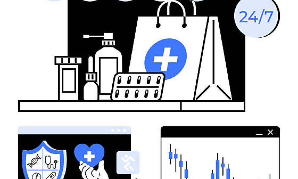 Medical store with supplies, shopping bag, pills, shield icon, heart, and market trend graph. Ideal for healthcare, online pharmacies, e-commerce medical marketing health analytics market