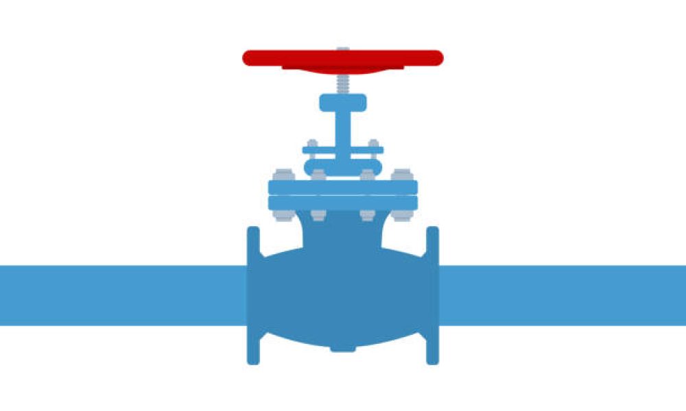 Side View Of Pipeline With Red Valve. Oil, Gas Or Water Transportation With Blue Pipe Line Valve