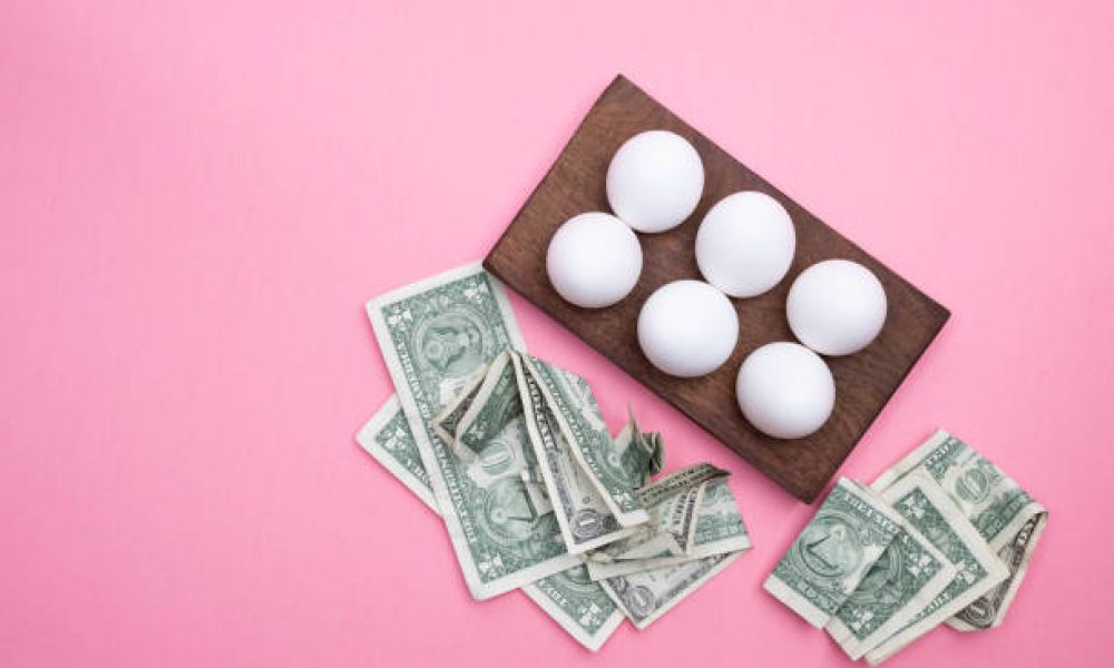 Egg money with walnut egg board, 6 eggs, dollar bills on bright pink background.