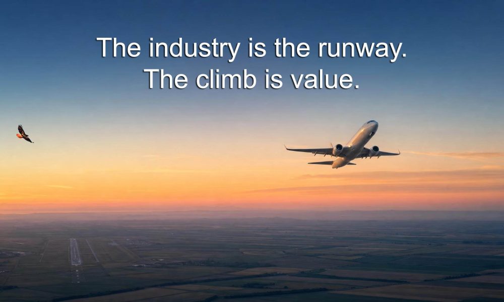 Value creators visualization showing a lone aircraft climbing into a dawn sky above a receding patchwork of land.