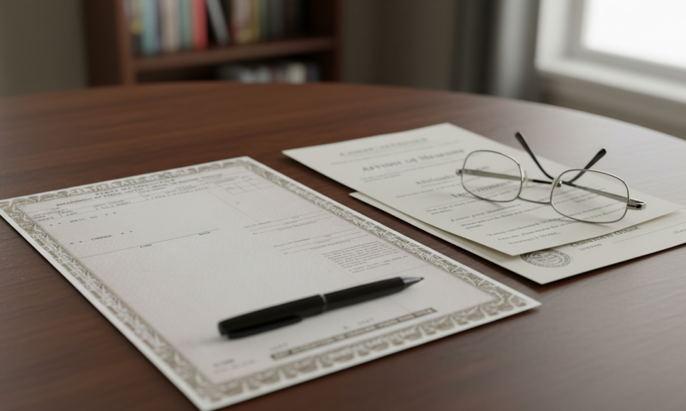 documents-pen-and-reading-glasses-on-wood-desk