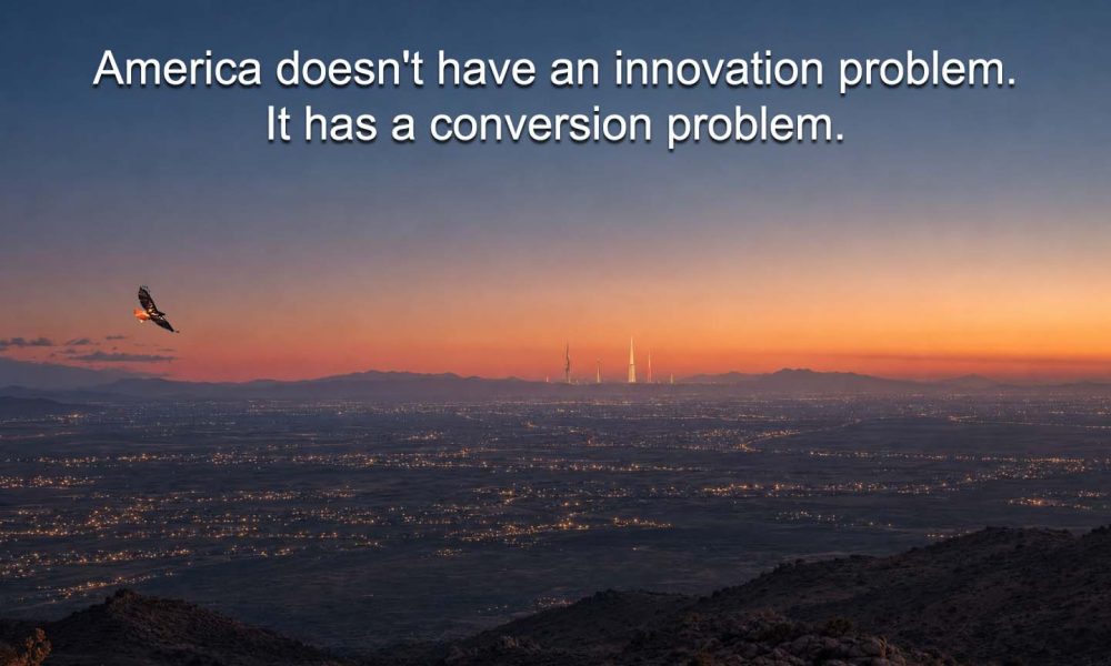 Innovation conversion rate visualization showing scattered desert lights converging toward a few standing structures at dusk