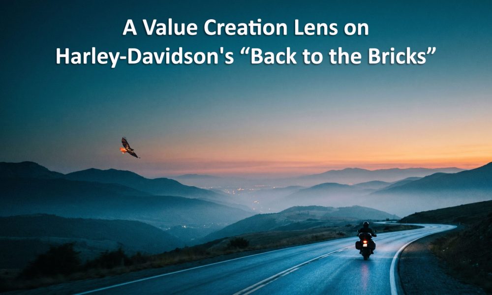 Value creation lens on Harley-Davidson’s turnaround: solitary motorcycle rider on a curving road at blue hour, Redtail hawk soaring above, distant city lights on the horizon — depicting the long arc of structural turnaround analysis