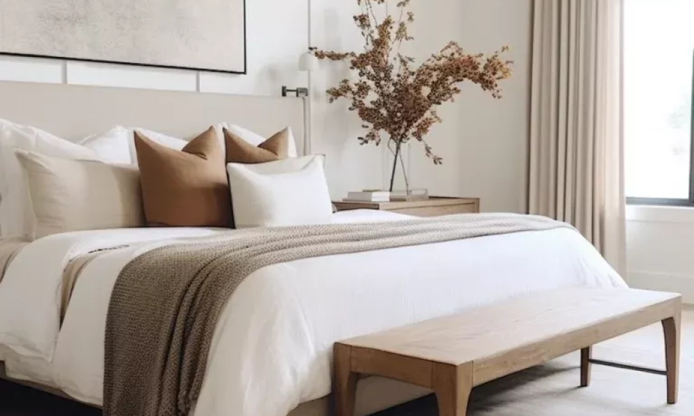 Solid walnut bed frame with upholstered headboard from Allure Furniture West luxury bedroom furniture collection