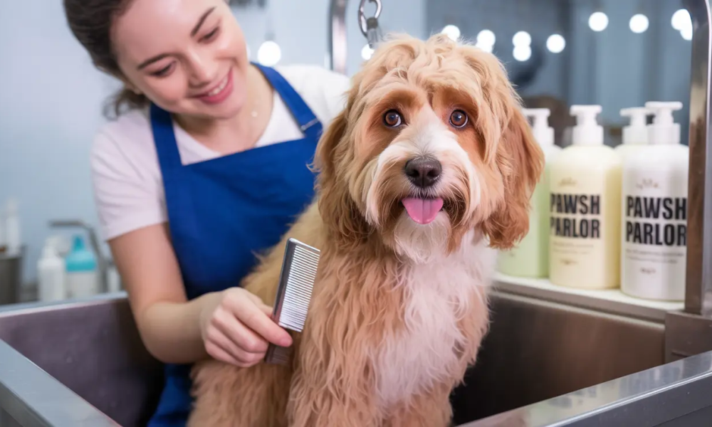 Professional dog grooming brushing and trimming a dog at Molly's Dog Care grooming salon
