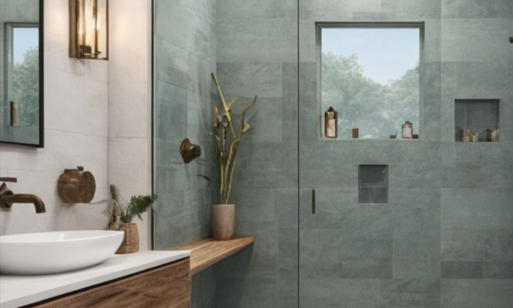 Frameless glass walk-in shower with large format tile in a remodeled Roanoke primary bathroom