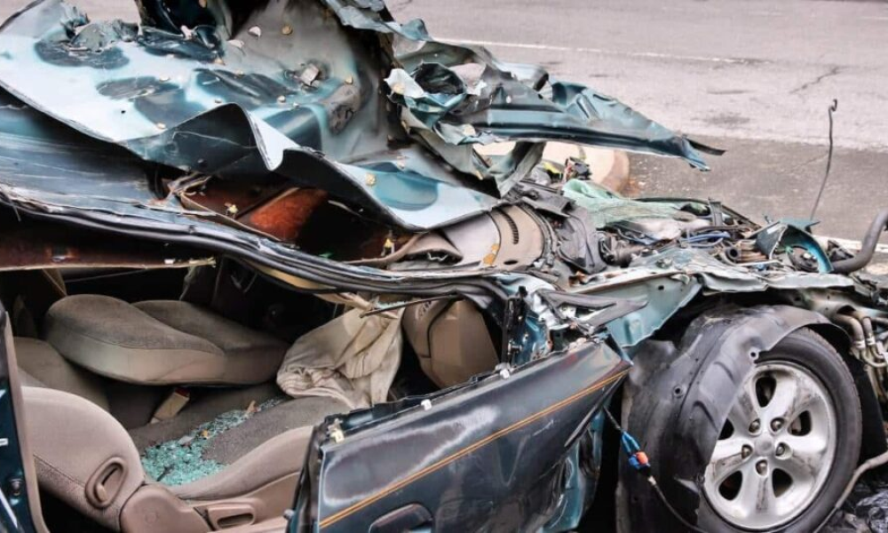 wrecked car with significant accident damage representing a total loss vehicle situation