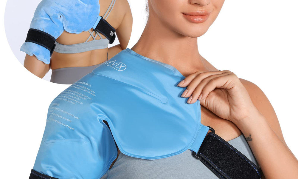 post-operative shoulder surgery patient in orthopedic recovery representing the use of cold compression wraps for shoulder surgery recovery management