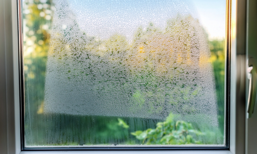 condensation forming on double pane residential window glass representing vinyl window condensation moisture problems homeowners encounter and need to address