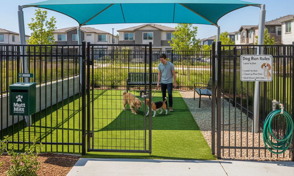 HOA community dog park with fenced area representing the dog park equipment HOA residential communities install as a valued amenity for pet-owning residents