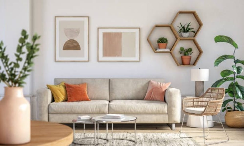 Bohemian living room interior 3d render with  beige colored furniture and wooden elements