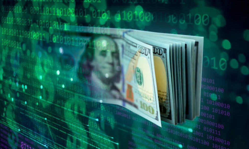 Binary code abstract background with US $100 dollar banknotes. Shallow depth of field.