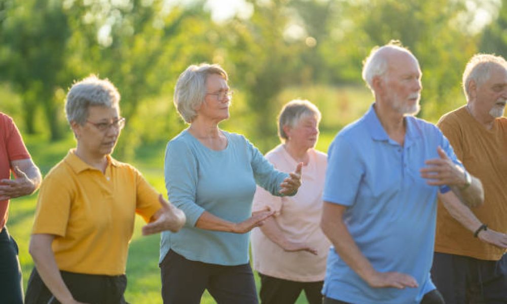 A small group of seniors are seen practicing Tai Chi outdoors on a sunny summers evening.  They are each dressed comfortably and are focused on their movements and proper form as they practice the Martial Art.