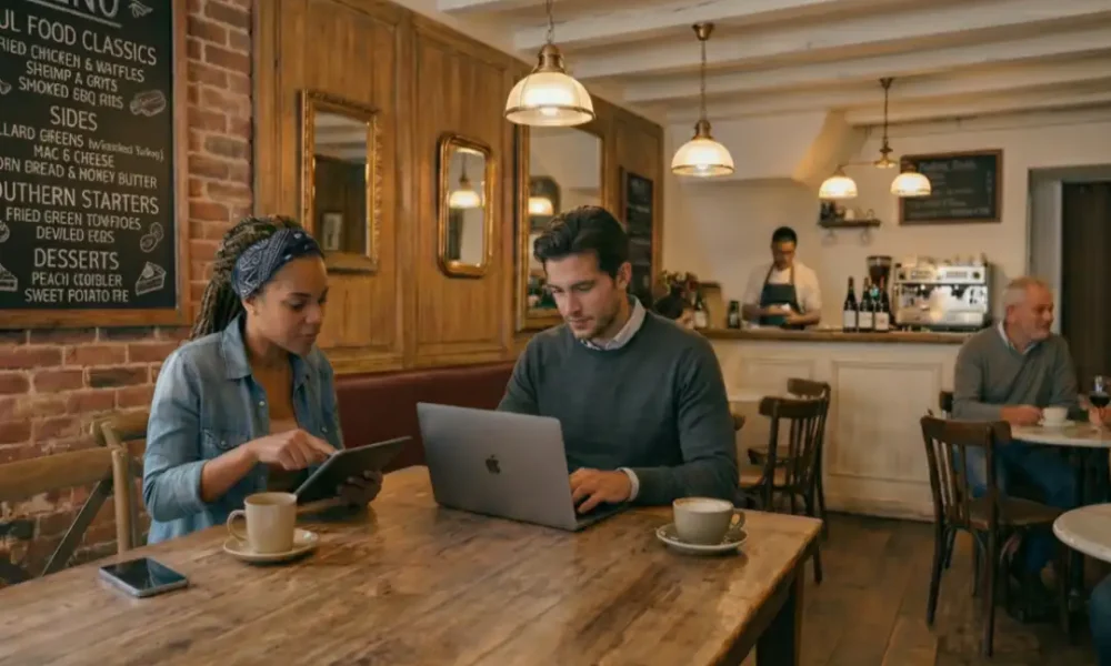 man-woman-working-laptop-tablet-cafe-restaurant