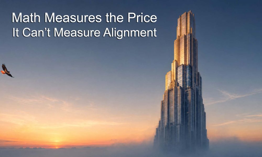 Merger value creation visualization showing a towering structure at golden hour, its foundation dissolving into cool atmospheric haze.