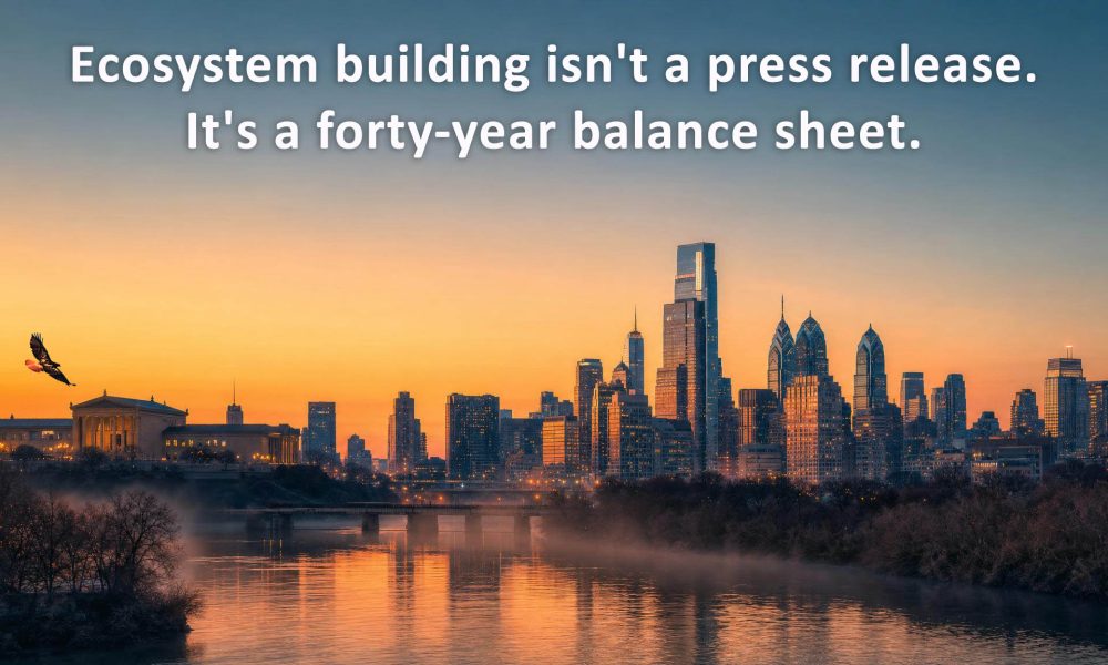 Ecosystem building visualization showing the Philadelphia skyline at golden hour with warm-to-cool gradient sky