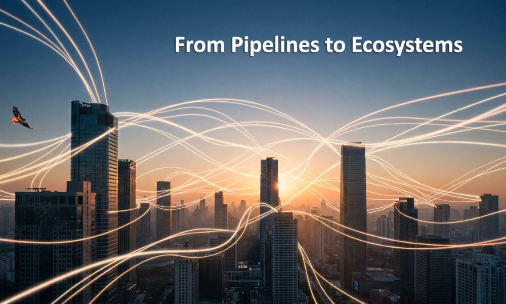 Innovation ecosystem visualization showing connected light networks flowing across a city skyline at golden hour