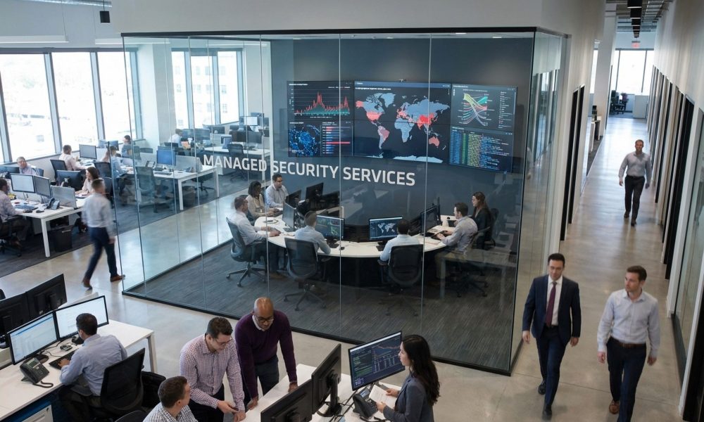 Bustling office of managed security services provider