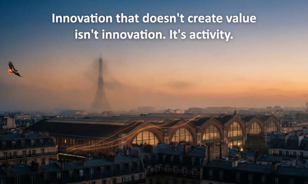 Innovation ecosystem visualization showing Paris rooftops and arched industrial halls glowing with light at golden hour, with the Eiffel Tower in atmospheric haze beyond