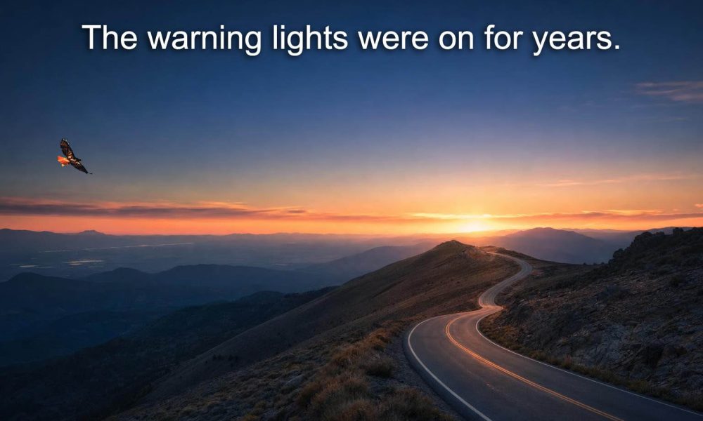 Stellantis turnaround visualization showing a winding mountain road climbing toward dawn light