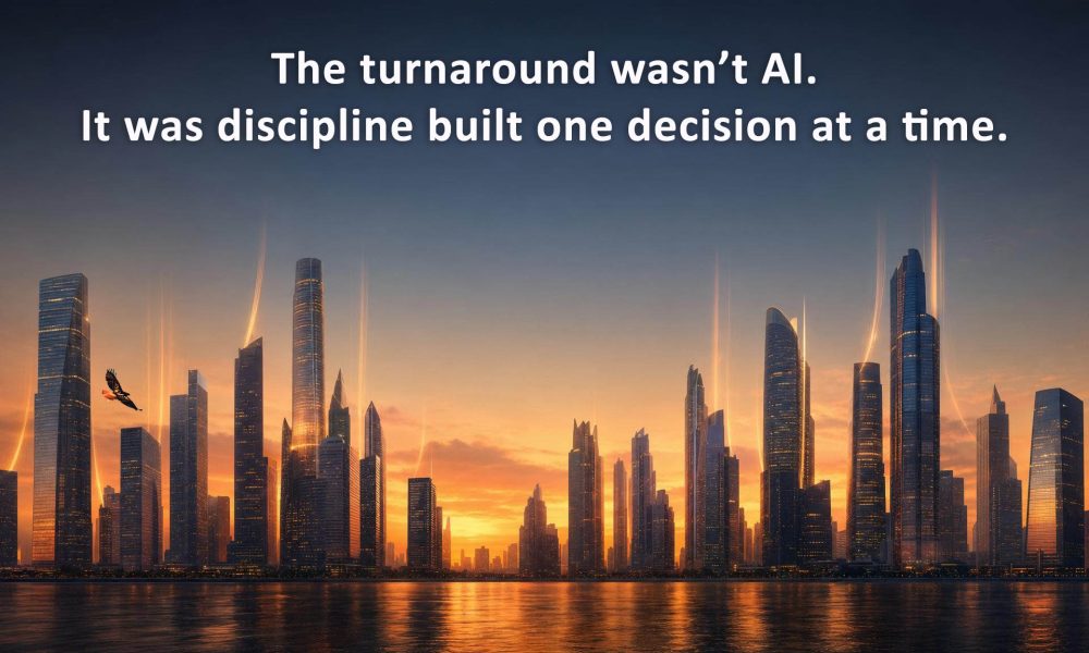Value creation visualization showing a financial-district skyline with upward light trails at dawn
