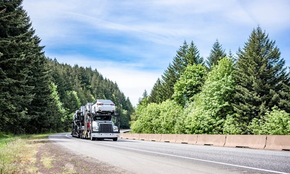 White,Compact,Big,Rig,Industrial,Car,Hauler,Semi,Truck,Transporting