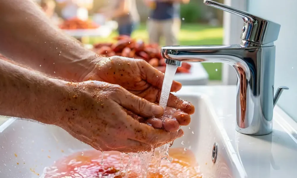 Close-up of hands covered in reddish-brown seasoning being washed under a stream of water from a chrome faucet into a white sink.