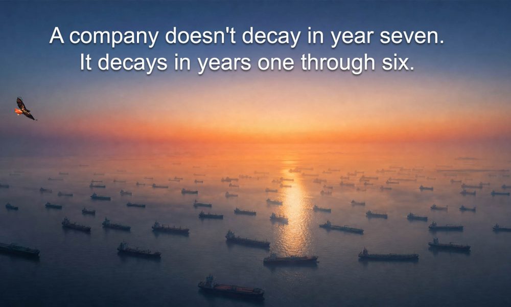 Zombie portfolio companies visualization showing anchored cargo ships in a still dawn harbor with one open channel of light